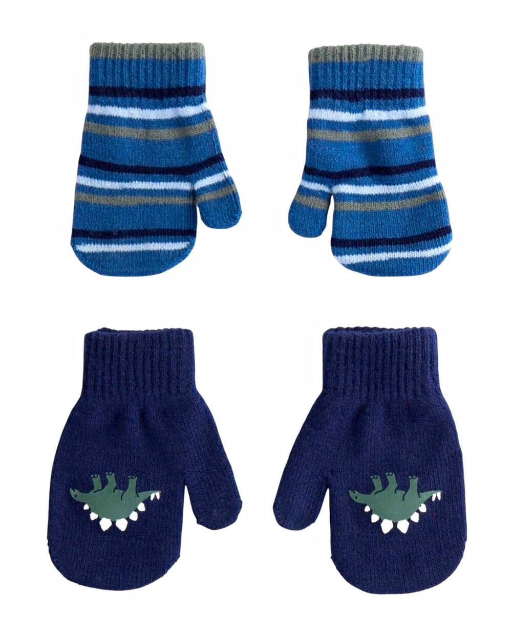 Carter's 2T-4T 2-Pack Knit Mittens Blue Dinosaur & Striped Stretch Winter